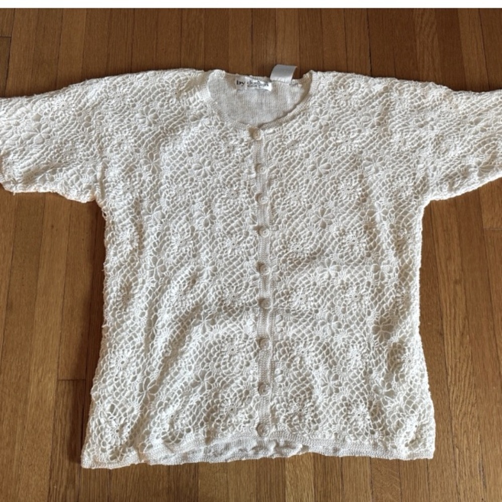 Vintage 90s Cream Flower Crochet Button Up Cardigan, Size 2X Silk blend